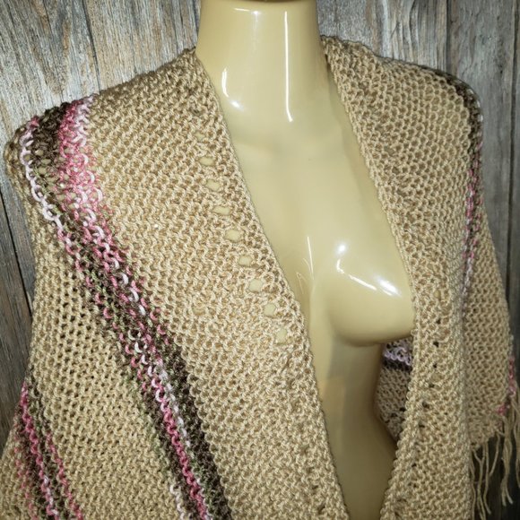 Beige Pink Multi Hand Knitted New Shawl Wrap Scarf - Picture 3 of 5